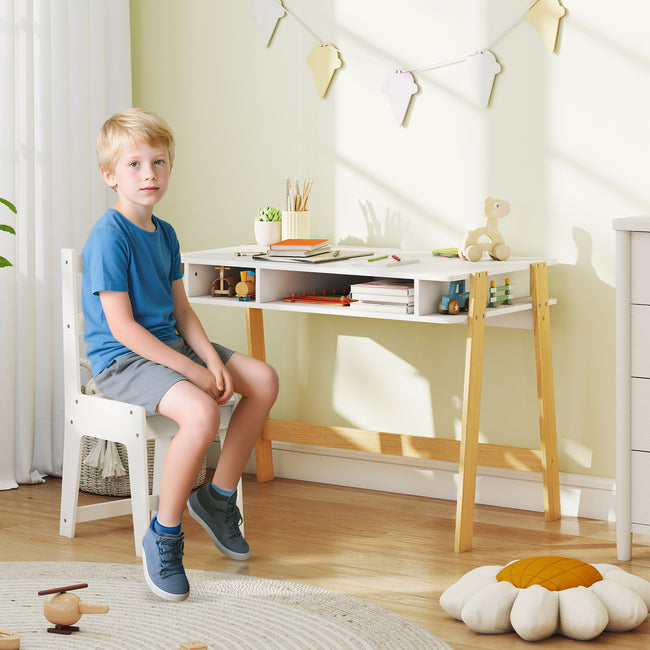 Desk And Chair Set With Storage For Bedroom, School, Gift For Children Ages 3-12, White