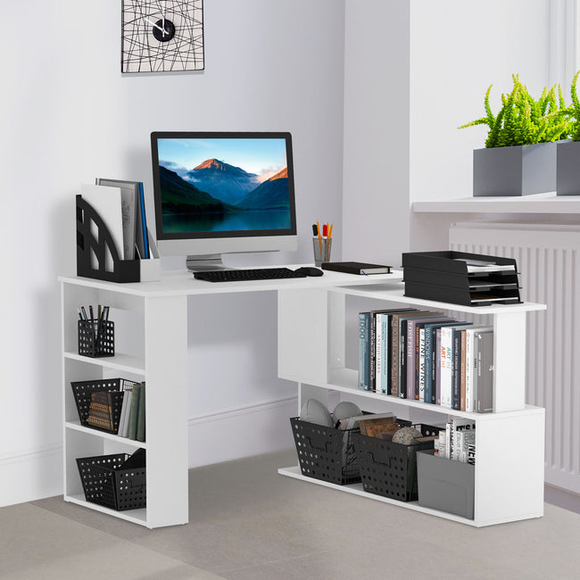 360  Rotating Home Office Desk L Shaped Corner Computer Desk With Storage Shelves, Writing Table Workstation, White