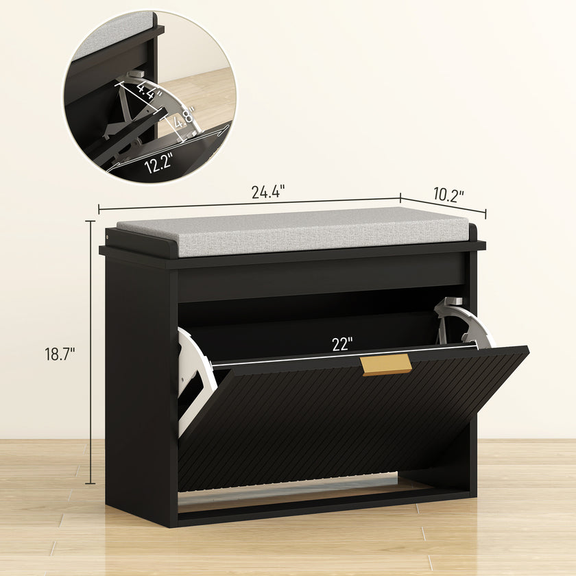 Shoe Storage Bench With Padded Seat Cushion And Flip-Drawer, Entryway Bench, Shoe Cabinet, 24.4x10.2x18.7 Inches, Black