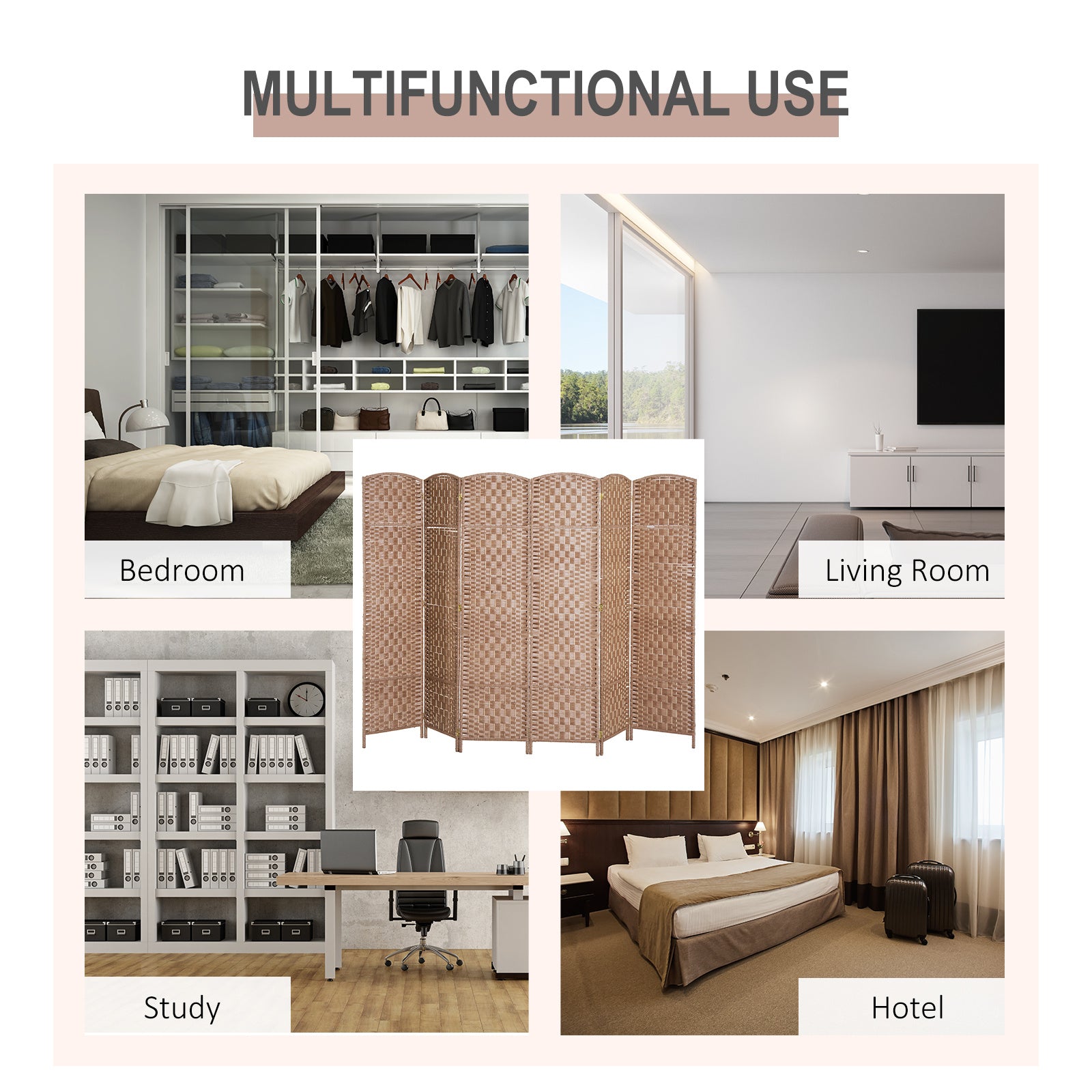 6 Panel Wicker Room Divider 6' Tall Privacy Screen Natural