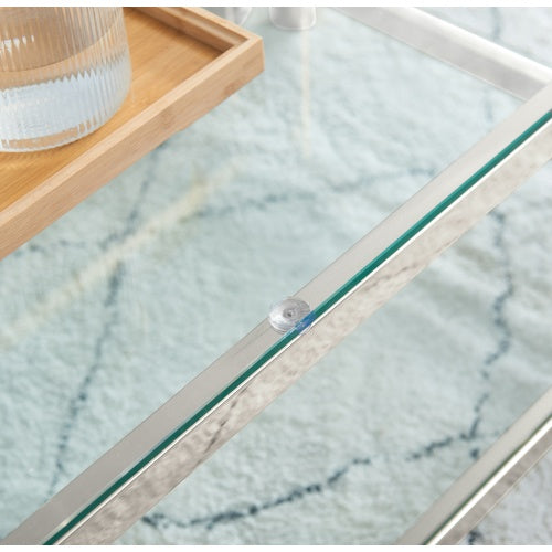 50 Wide Rectangle Modern Stainless Steel Coffee Table, Double-Layer Clear Tempered Glass Coffee Table, Center Table With Storage, For Living Room Home Office, Easy Assembly, Silver