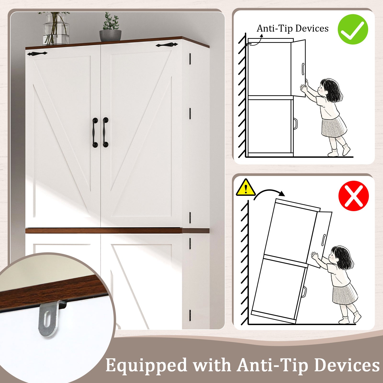 Tall Wooden Storage Cabinet With 4 Barn Doors, Adjustable Shelves And 12 Door Shelves 5-Tier Kitchen Pantry Storage Cabinet