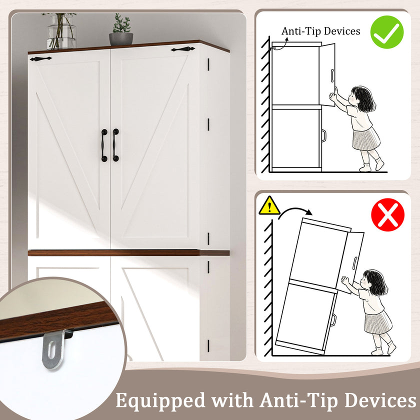 Tall Wooden Storage Cabinet With 4 Barn Doors, Adjustable Shelves And 12 Door Shelves 5-Tier Kitchen Pantry Storage Cabinet