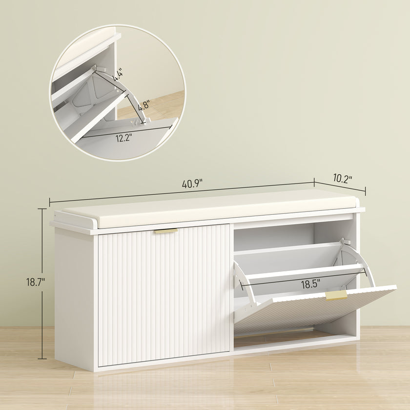 Shoe Storage Bench With Padded Seat Cushion And Flip-Drawer, Entryway Bench, Shoe Cabinet, 40.9x10.2x18.7 Inches, White
