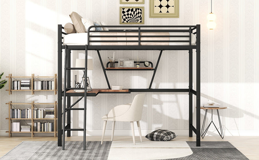 Full Size Loft Metal&MDF Bed With Desk And Shelf, Black