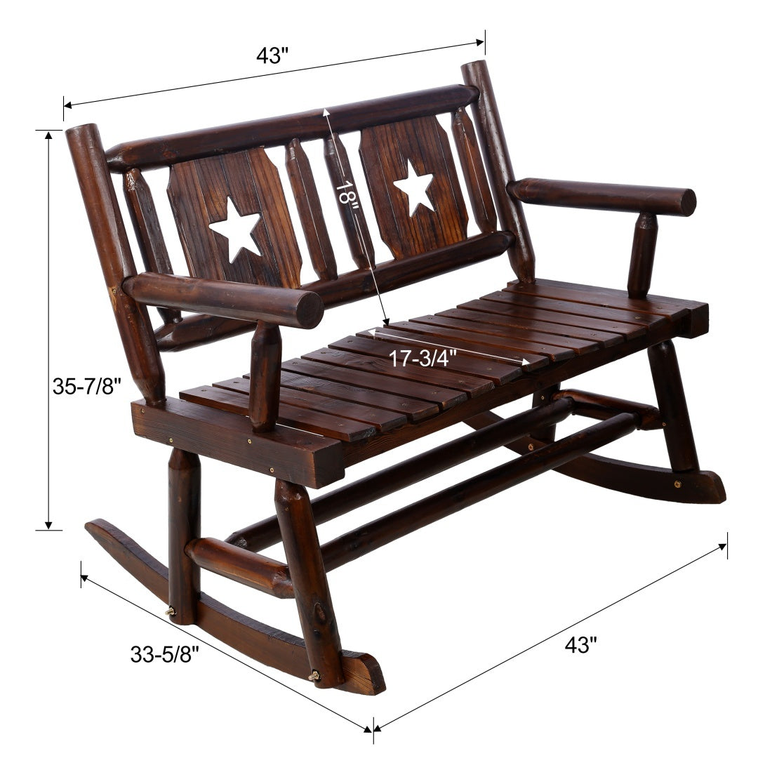 Outdoor Solid Wood Rocking Chair Bench Carbonized Double Rocking Chair For 2 People With Wide Curved Seat For Porch, Garden, Backyard, Rustic Brown