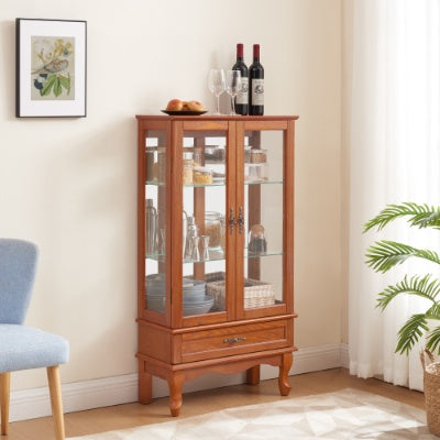 Lighted Glass Cabinet Glass Wine Cabinet Curio Display Cabinet With Adjustable Glass Shelves 2 Doors And 1 Drawer Cabinet Bulb Included OAK