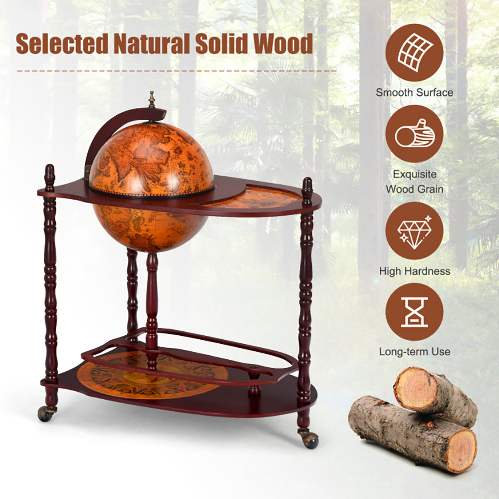 Vintage Globe Rolling Wine Bar Cart With Extra Shelf