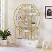 70.8 Inch Round Office Bookcase Bookshelf, Display Shelf, Two Drawers, Gold Frame