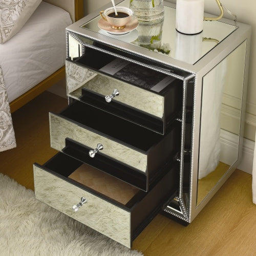 W 22X D 16  X 26.8  Silver Mirror Three Drawer Cabinet