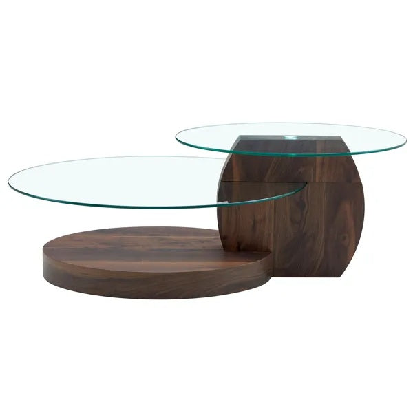 Modern Walnut Grain Double Layer Coffee Table - Versatile Design, Multiple Colors Available.Density Board Sticker,Reinforced Glass,Oval Countertop.