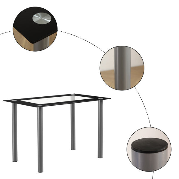Simple Rectangular Cylindrical Leg Dining Table For 4 People Tempered Glass Stainless Steel Black Edging 110X70X75cm