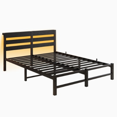 Queen Size Metal Bed Frame With Wooden Headboard, RGB Lights, Charger, Storage Shelf, Noise-Free, No Box Spring Needed, Black