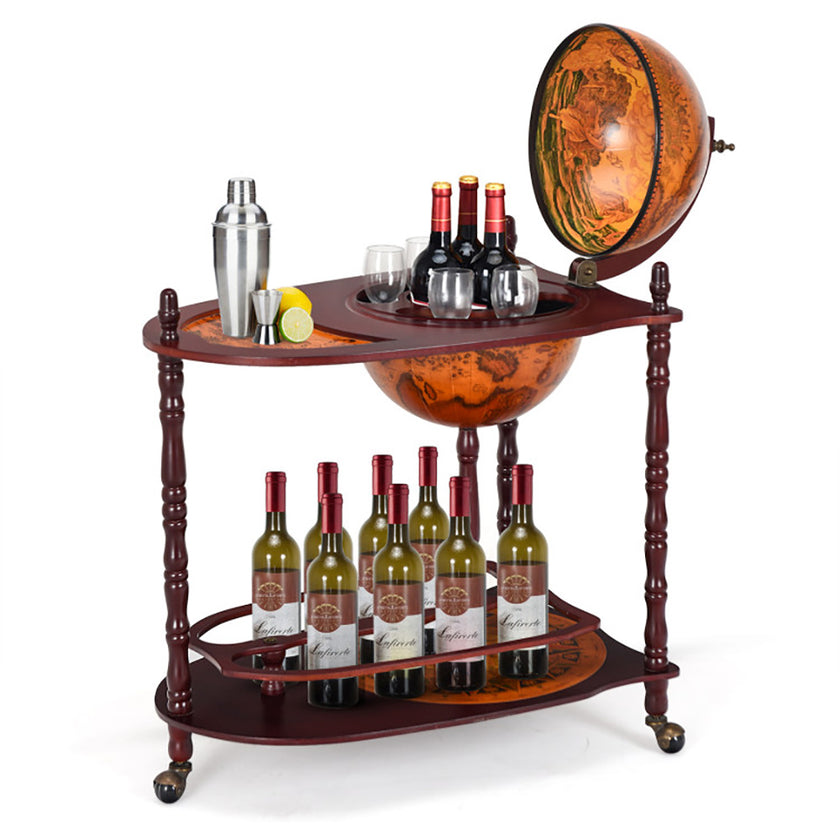 Vintage Globe Rolling Wine Bar Cart With Extra Shelf