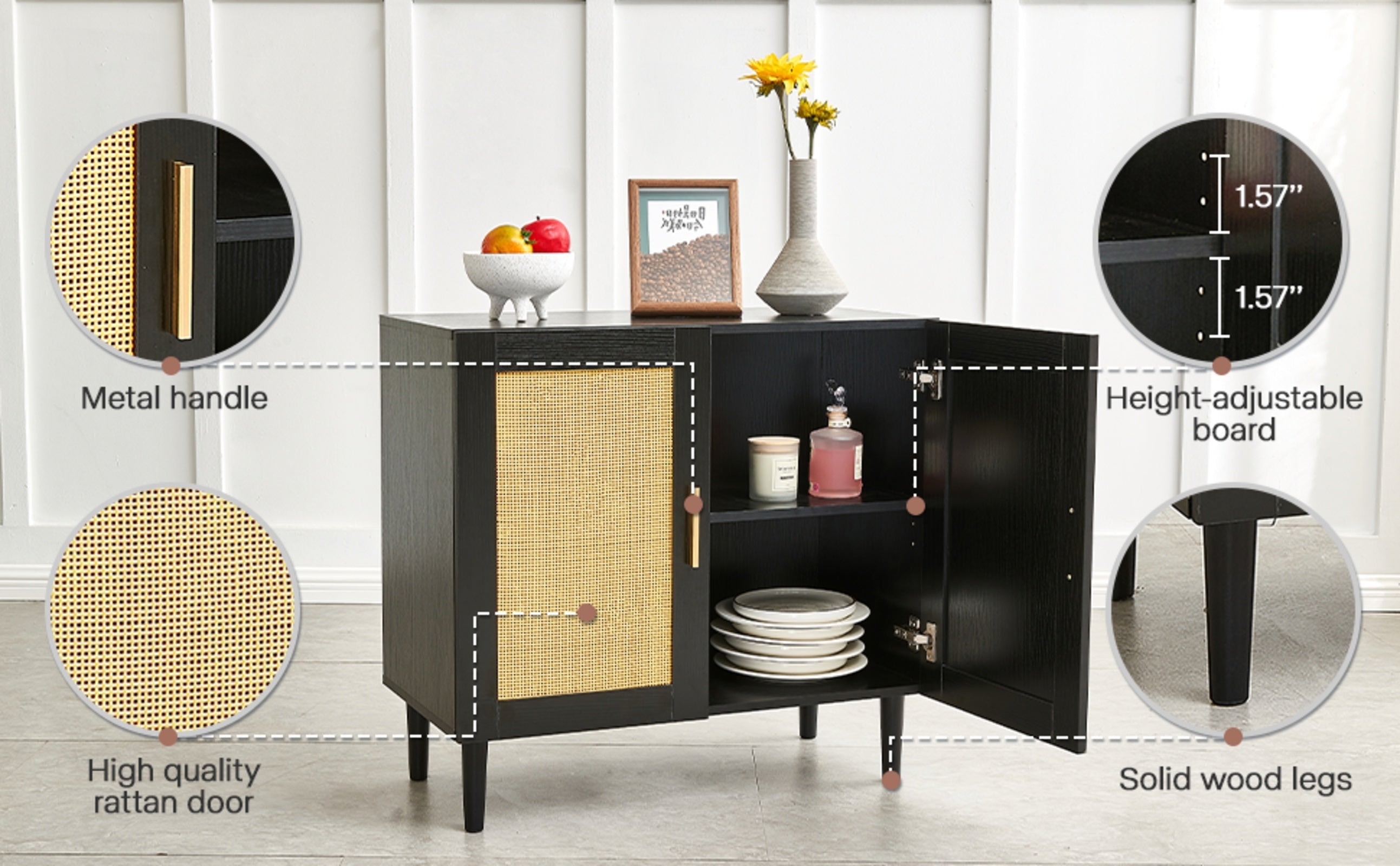 Side Panel Buffet Cabinet With Natural Rattan Door, Rattan Storage Cabinet With Adjustable Shelves,