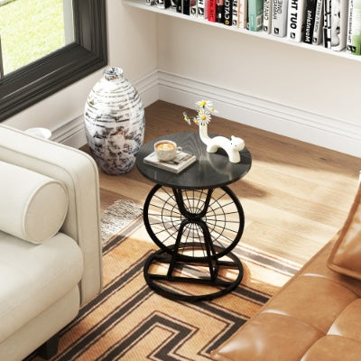 2 Piece Vintage Industrial Wheel Design Side Table, Round Accent Table With Metal Frame, Rustic Coffee Table For Living Room, Bedroom, And Office