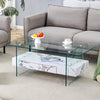 43.3 Inch Modern Two-Tier Coffee Table - Clear Tempered Glass And White Marble Texture, Multifunctional Storage Design.The Bottom Tier Includes A Drawer.Can Be Used As A Coffee Table,side Table,etc.