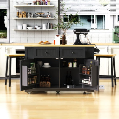 Large Kitchen Island With 2 Bar Stools, Power Outlet, Door Internal Storage Rack, Kitchen Storage Cart On 5 Wheels With Drop Leaf, 5 Open Side Racks, 2 Drawers,for Kitchen,Dining Room