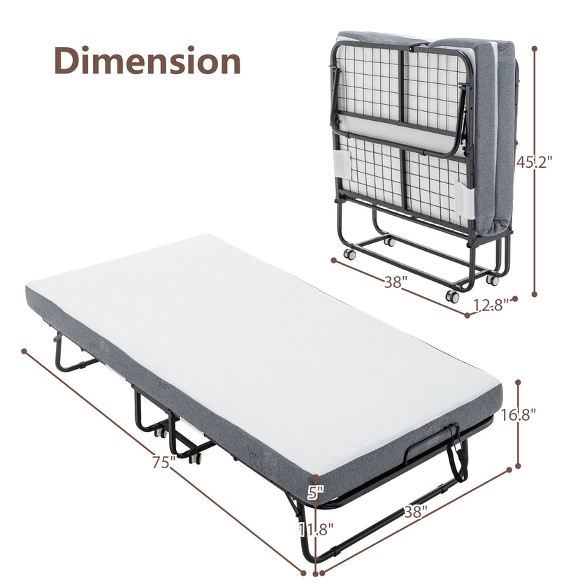 Folding Bed Cot With Mattress For Adults,  Foldable Metal Frame Bed For Guest With Memory Foam Mattress On Wheels, Saving Space Rollaway Bed
