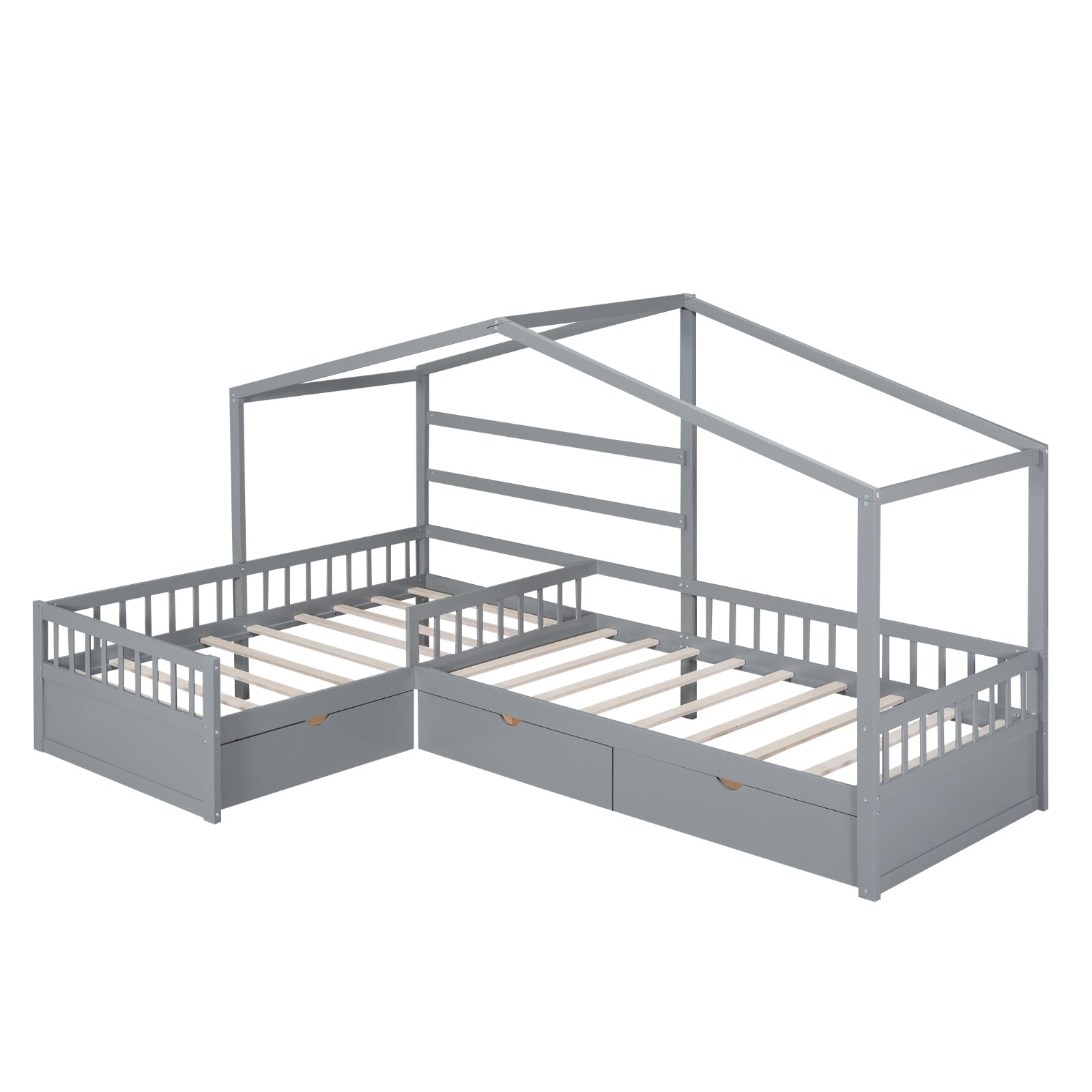 Twin Size House Platform Bed With Three Storage Drawers,Gray