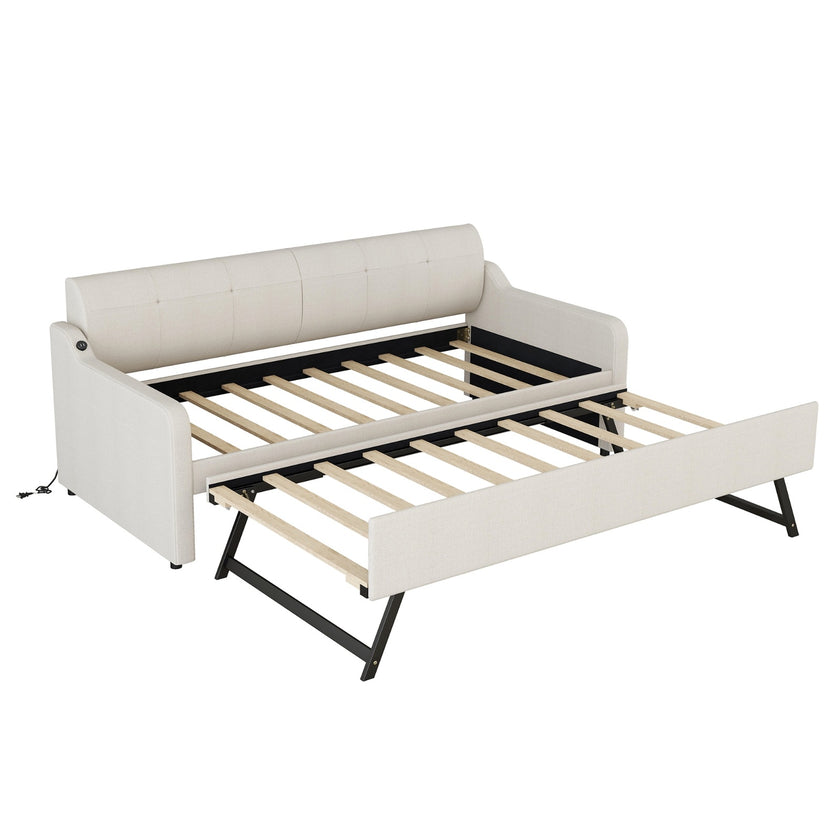 Twin Upholstered Daybed W  Trundle & USB Charging, Adjustable, Beige