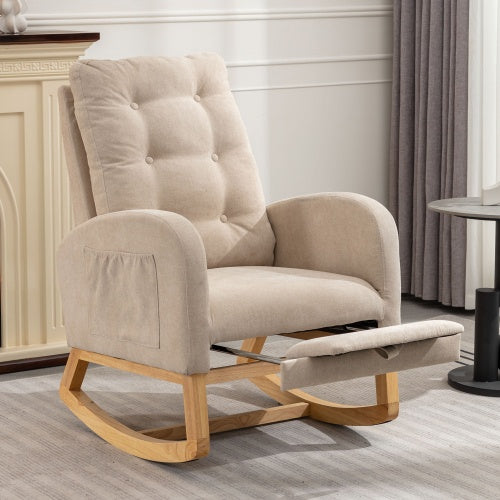 Accent Rocking Chair With Footrest High Back Rubber Wood Rocking Legs Bedroom Living Space 26.77D X 38.36W X 39.76H Inch