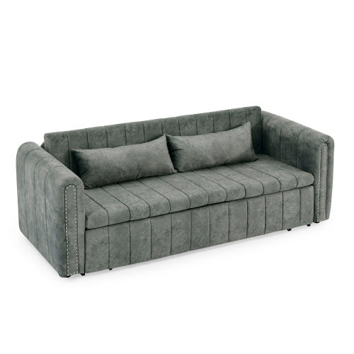 3 In 1 Pull-Out Bed Sleeper, Modern Upholstered 3 Seats Lounge Sofa & Couches With Rolled Arms Decorated With Copper Nails , Convertible Futon 3 Seats Sofabed With Two Drawers And Two Pillows