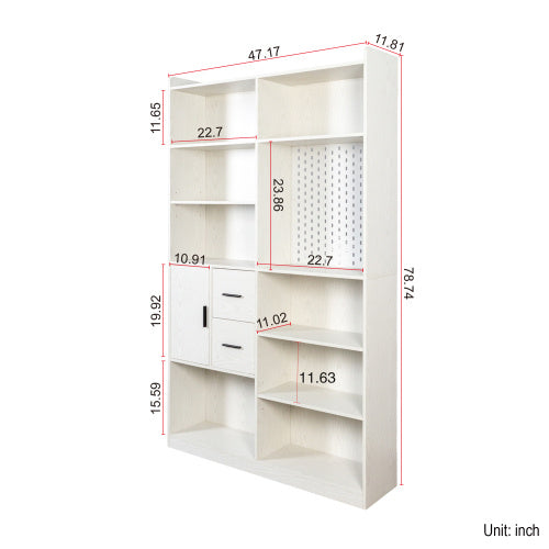 Bookshelf And Bookcase With Pegboard And Drawer, 9 Cubby Display Book Shelves, Modern Wide Wood Shelving Unit For Living Room, White