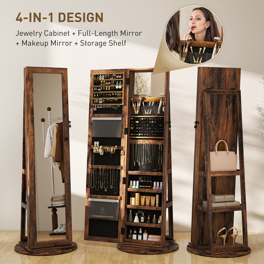 360 Swivel Jewelry Armoire, Lockable Jewelry Cabinet With Full-Length Mirror, Storage Shelves, Rustic Brown