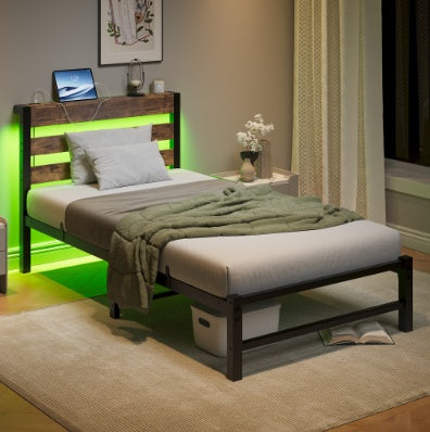 Twin Size Bed Frame Heavy Duty Platform Bed Frame With Headboard, USB Charging Station, LED Bed, No Box Spring Needed, Mattress Foundation, Strong Steel Slats, Noise Free, Brown