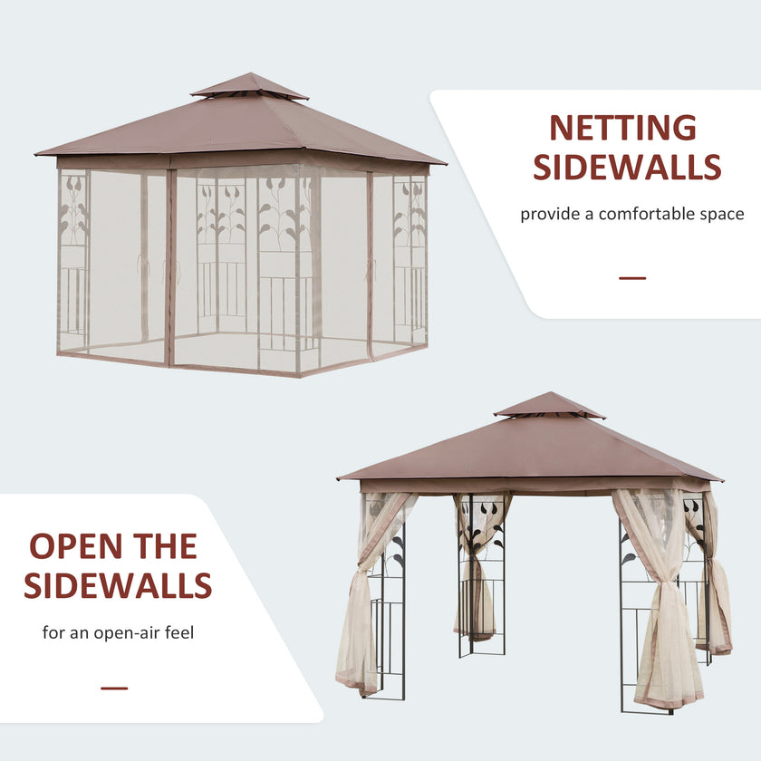 10' X 10' Outdoor Patio Gazebo Canopy With 2-Tier Polyester Roof, Netting, Curtain Sidewalls, And Steel Frame, Brown