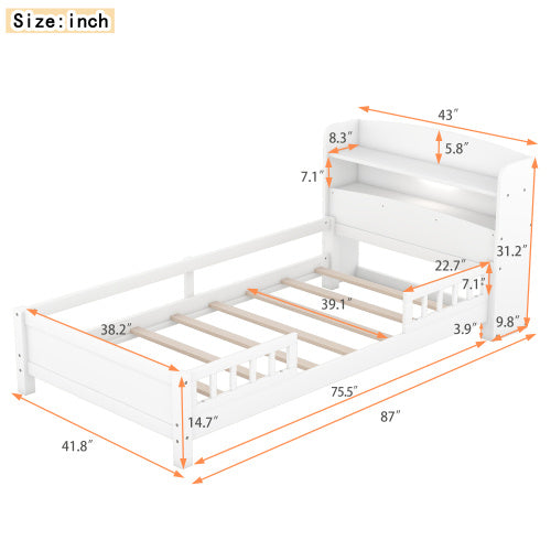 Wood Twin Size Platform Bed With Built-in LED Light, Storage Headboard And Guardrail, White