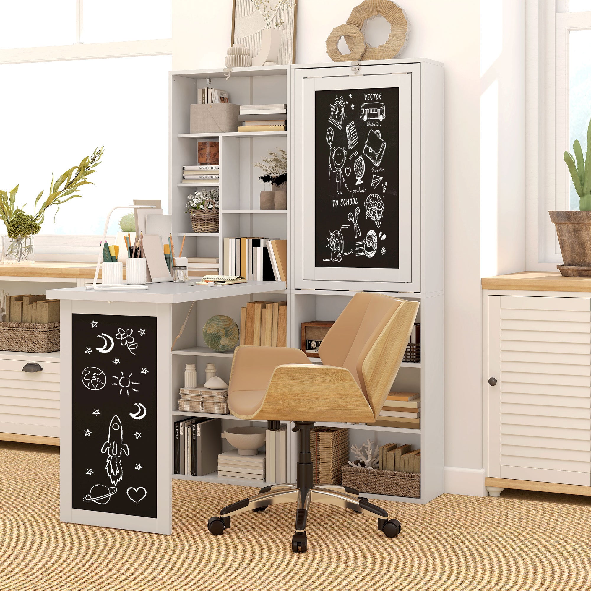 Fold Down Convertible Writing Table, Folding Desk With Blackboard & Side Shelf, Multi-Function Computer Office Workstation, White