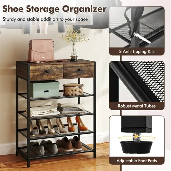 Multifunctional Entryway Storage - 5-Hook Coat Rack  2-Drawer Shoe Stand With 4 Mesh Shelves