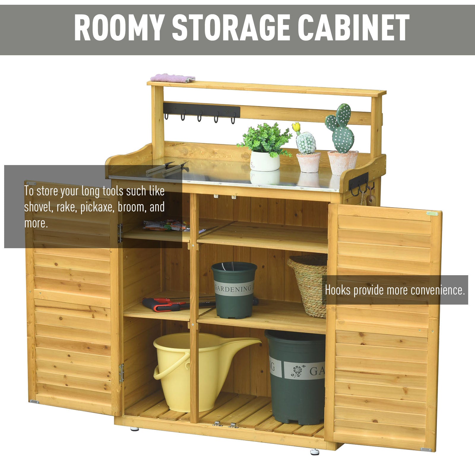 Wooden Potting Bench 3-Tier Storage Cabinet Work Station Table Lockable Organizer With Magnetic Latch Hooks Foot Pads 34.25L Yellow