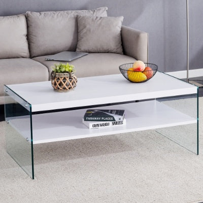 Double Rectangular Coffee Table. The Board Surface Is MDF, With White Stickers, And Both Sides Are Transparent Tempered Glass. Suitable For Living Room, Bedroom And Other Occasions