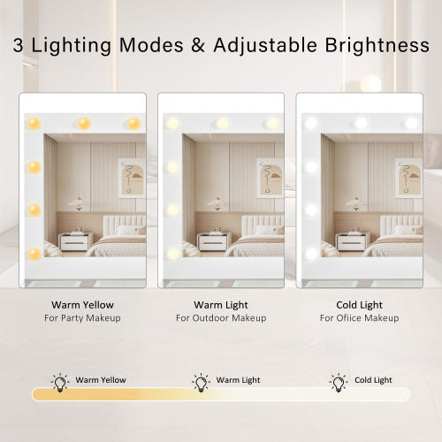 43.3 Vanity Desk With Large Mirror And Hollywood Bulbs, Modern Glass Top Makeup Vanity With Drawers And Power Outlet, Large Dressing Table With 3 Color Lighting Modes & RGB Cabinets For Bedroom
