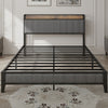 Queen Size Bed Frame With Charging Station, Upholstered Headboard, Metal Platform, Grey