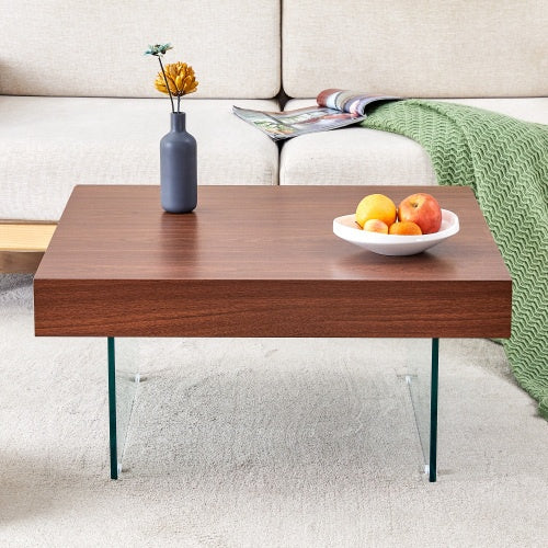 Walnut Colored Square MDF Coffee Table  31.5x31.5 With Tempered Glass Legs.Density Board Sticker,Reinforced Glass Legs.Walnut Colored Texture Sticker