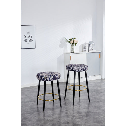 Counter Height Bar Stools Set Of 2, PU Kitchen Stools Upholstered Dining Chair Stools 24 Inches Height With Golden Footrest For Kitchen Island Coffee Shop Bar Home Balcony Silver Leaves Velvet