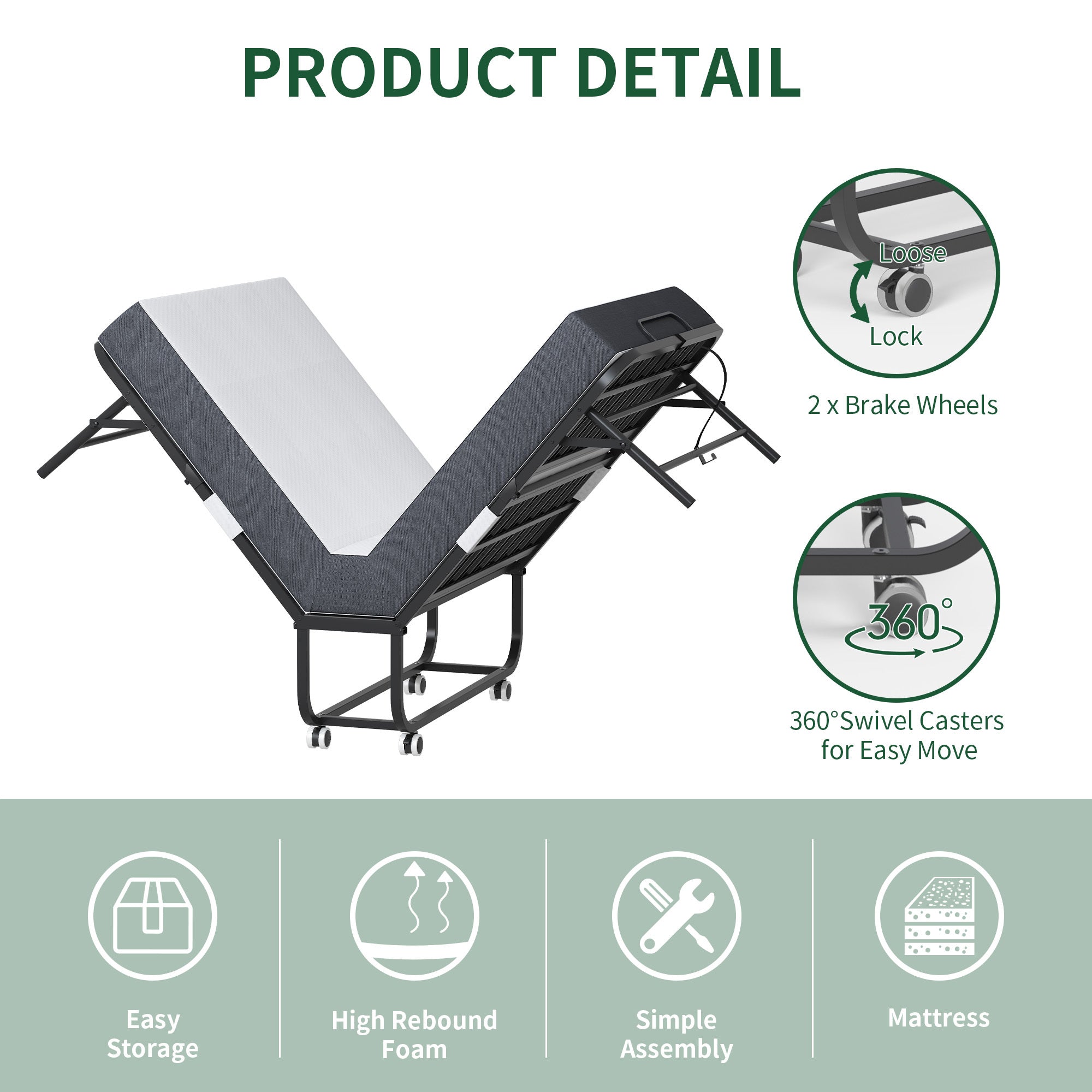 Twin Folding Bed With Memory Foam Mattress, Portable Foldable Extra Bed, Rollaway Bed For Guests, And Sturdy Metal Frame