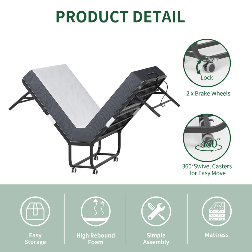 Twin Folding Bed With Memory Foam Mattress, Portable Foldable Extra Bed, Rollaway Bed For Guests, And Sturdy Metal Frame