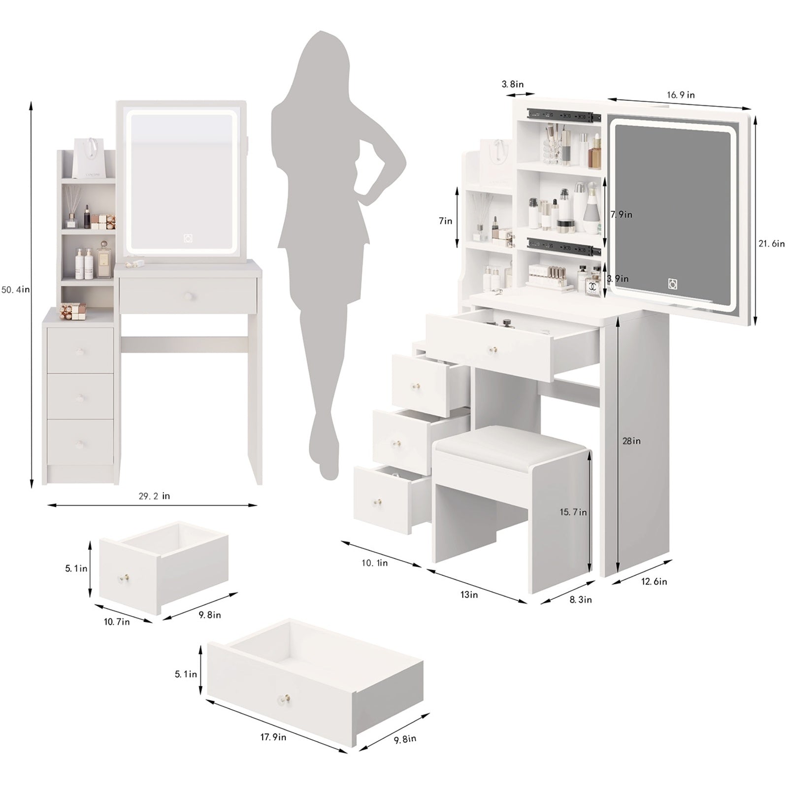 Small Size Left Bedside Cabinet Vanity Table   Cushioned Stool, Extra Large Touch Control Sliding LE