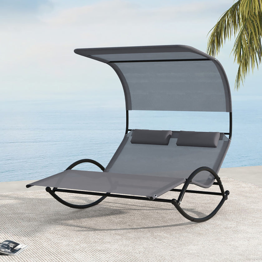 Outdoor Dual Rocker Sunbed 2-Person Canopied Patio Lounger With Detachable Headrests