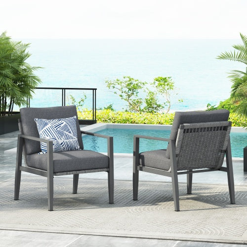 Gray Aluminum Lounge Chair With Sleek Rope Accents And Comfortable Cushions, Perfect For Modern Outdoor And Indoor Spaces