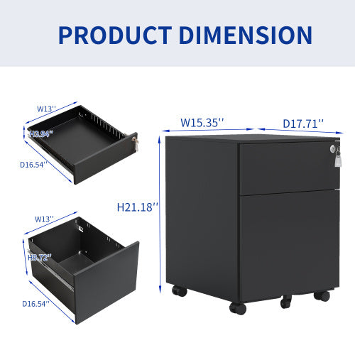 2 Drawer Mobile File Cabinet With Lock Steel File Cabinet For LegalLetterA4F4 Size, Fully Assembled Except For Wheels, HomeOffice Design, Black