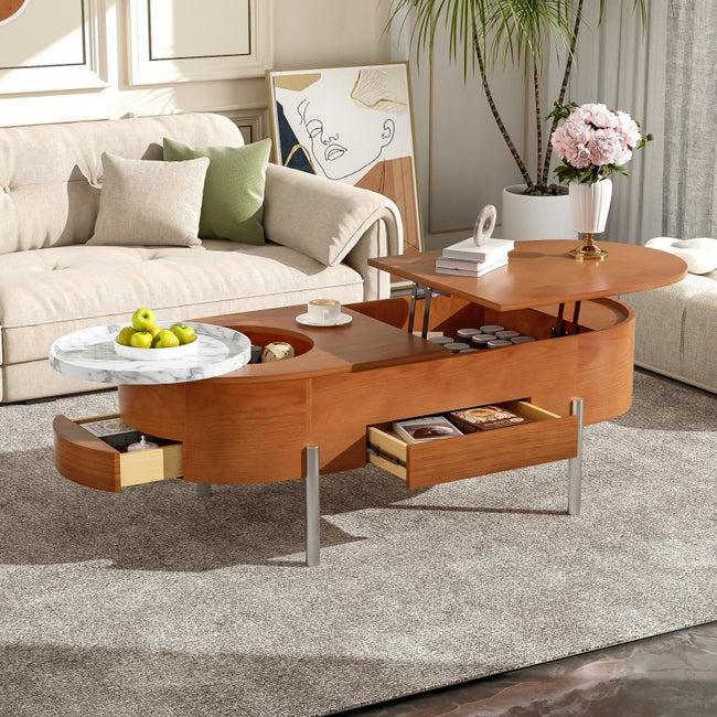 47.2-inch Lift Coffee Table With 360 Degree Marble Patterned Rotating Tray, Modern Oval Lift Tabletop,