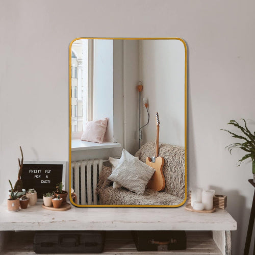 24x32 Inch Gold Metal Framed Rectangular Bathrrom Mirror For Wall.
