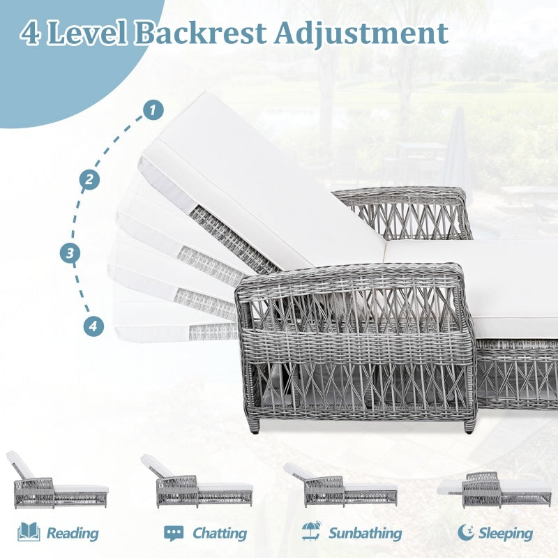 Outdoor Long Lounge Chair, Wicker Lounge Chair With Armrests, Adjustable Terrace Lounge Chair With Detachable Soft Cushions, All-weather Rattan Pool Lounge Chair, Beige