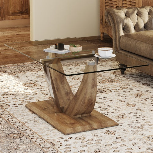 Modern Minimalist Transparent Tempered Glass Coffee Table With Marble Patterned MDF Legs And Stainless Steel Decorative Columns. Computer Desk. Game Table